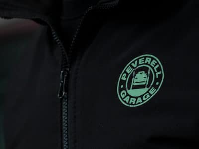 Close up of logo on jumper